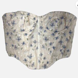 Tic Toc Tapestry Corset Top Beige Blue Floral Size L NWT